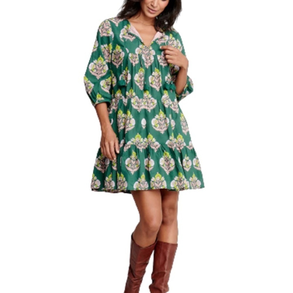 Pink Chicken Green and Gold V-Neck Mini Dress